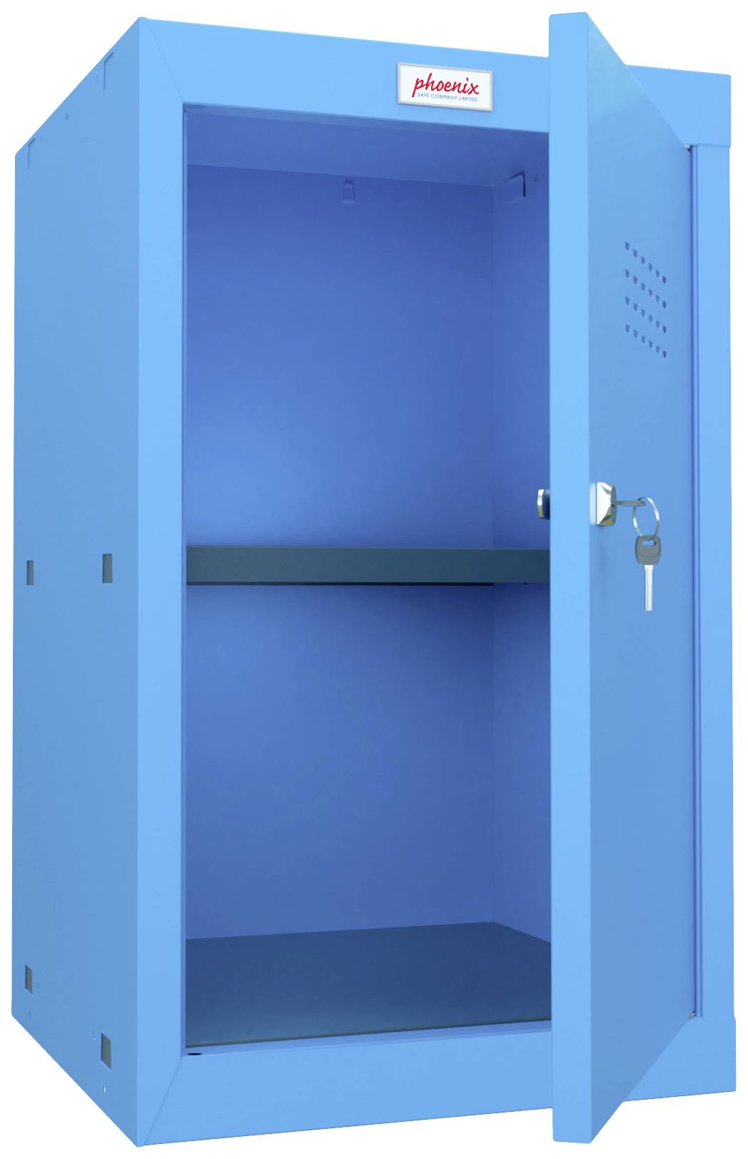 Ein blauer Metallschrank mit geöffneter Tür, einem Einlegeboden im Inneren und einem Schlüssel im Schloss.