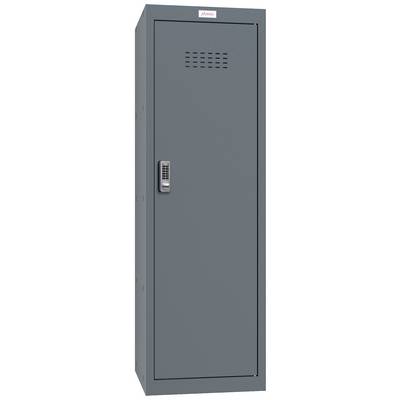 Ein grauer Metallspind mit Ventilationsöffnungen oben und einem Zahlenschloss an der Tür.