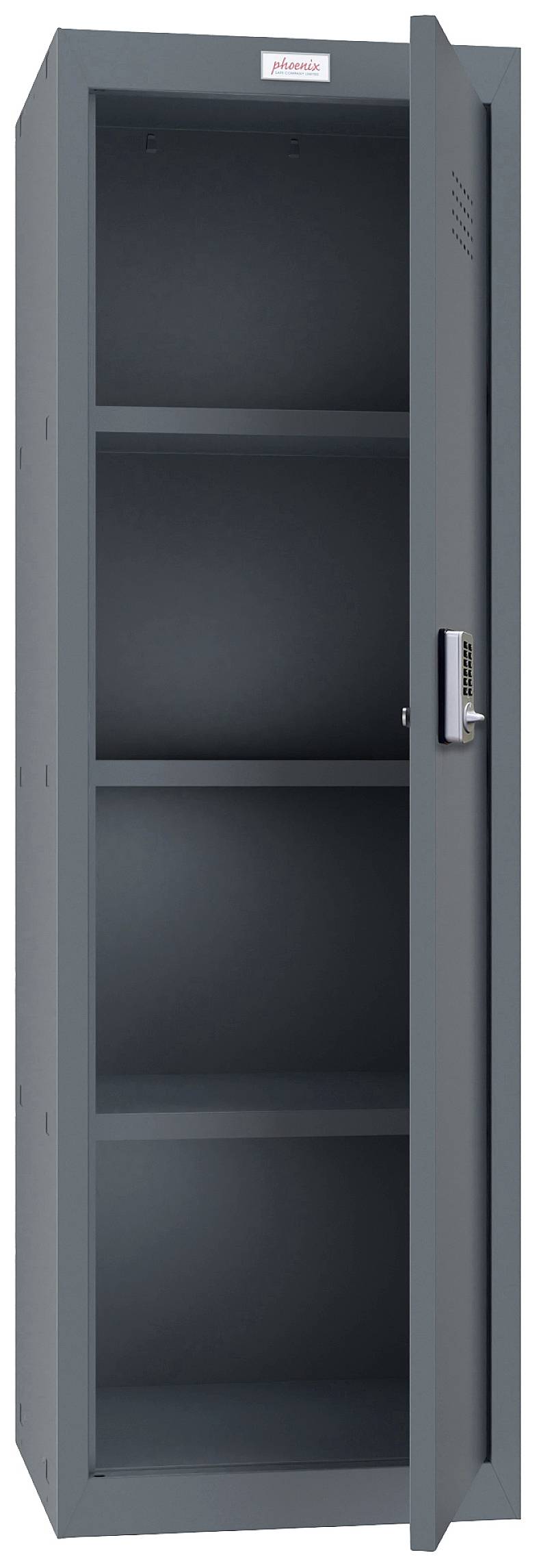 Ein grauer Metallschrank mit offener Tür, drei Regalböden sichtbar, geeignet zur Aufbewahrung von Gegenständen oder Kleidung.