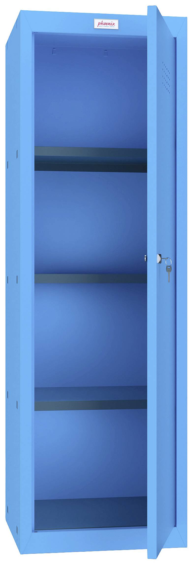 Ein blauer, geöffneter Stahlschrank mit drei leeren Regalböden.