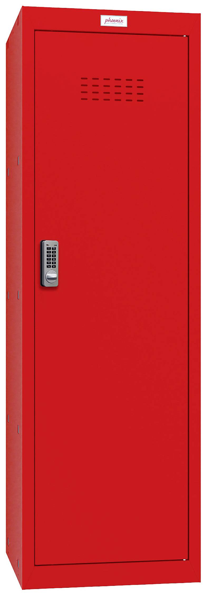 Ein hoher, roter Schrank mit einem Zahlenschloss an der Vorderseite. Oben sind Lüftungsschlitze zu sehen. Der Schrank steht senkrecht.