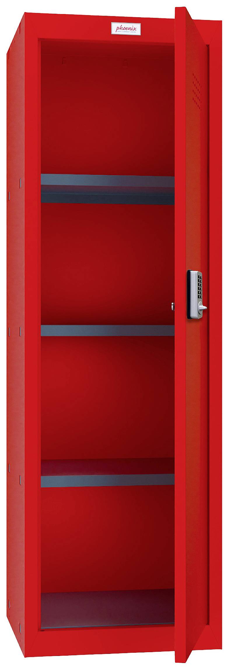 Roter Stahlschrank mit vier Regalfächern, eine Tür ist geöffnet. Der Schrank ist leer und eignet sich zur Lagerung von Materialien.