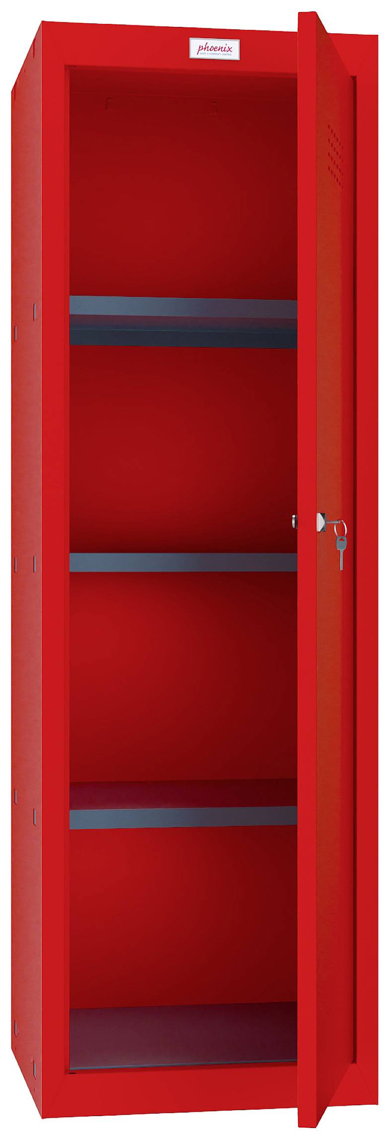 Ein roter, hoher Schrank mit geöffneter Tür, zeigt drei leere Einlegeböden und ein Schloss an der Tür.
