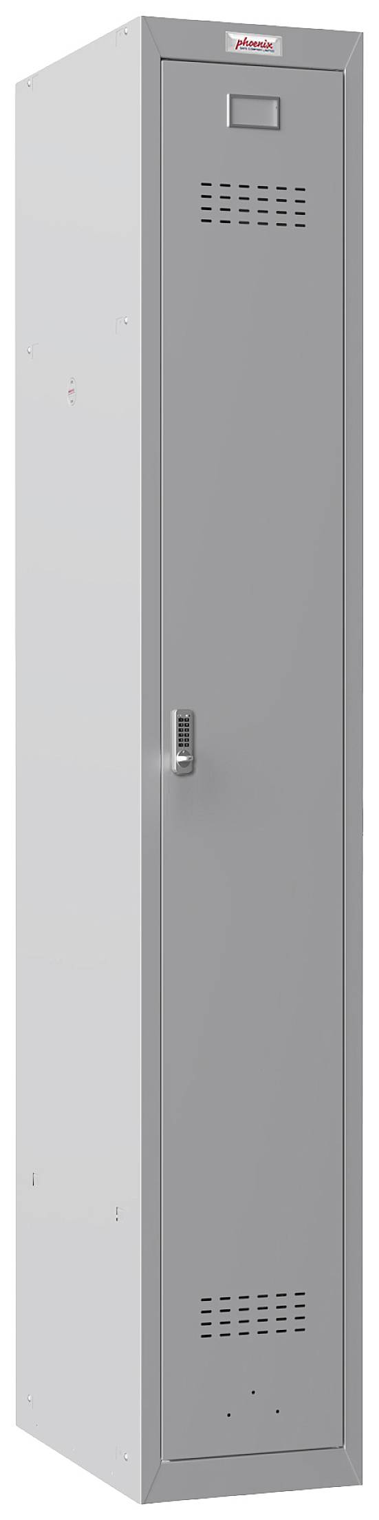 Grauer, schmaler Metallschrank mit Lüftungsschlitzen und einem Griff an der Vorderseite. Verwendung in Schulen oder Umkleideräumen.