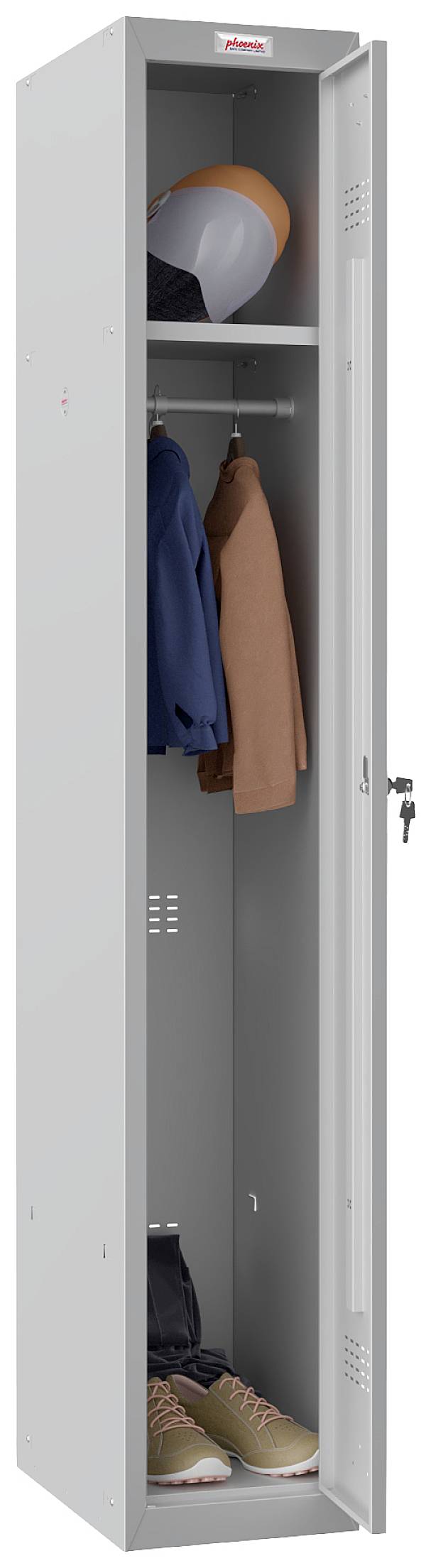 'Grauer Spind, geöffnet, zeigt eine Jacke, einen Mantel, Schuhe auf dem Boden und einen Helm auf dem oberen Regal.'