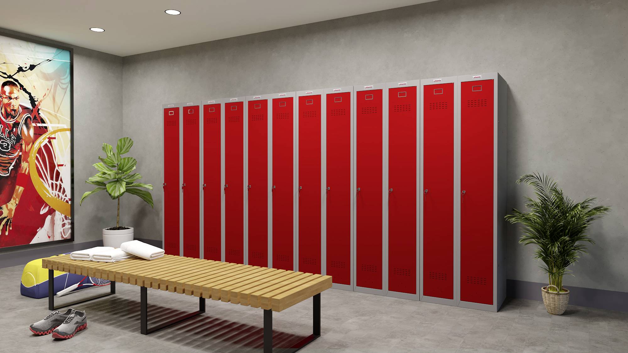 Roter Spindreihe in Umkleideraum mit Holzbänken und Sportausrüstung. Wandbild und Pflanze als Dekoration.