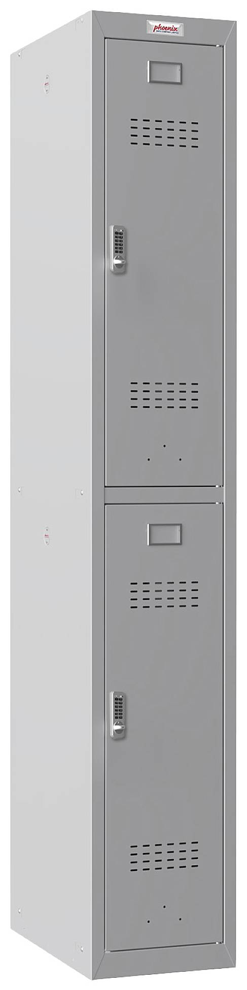 Grauer doppelter Metallschließfachschrank mit zwei getrennten Fächern, jeweils mit Belüftungsschlitzen und individuellen Schlössern.