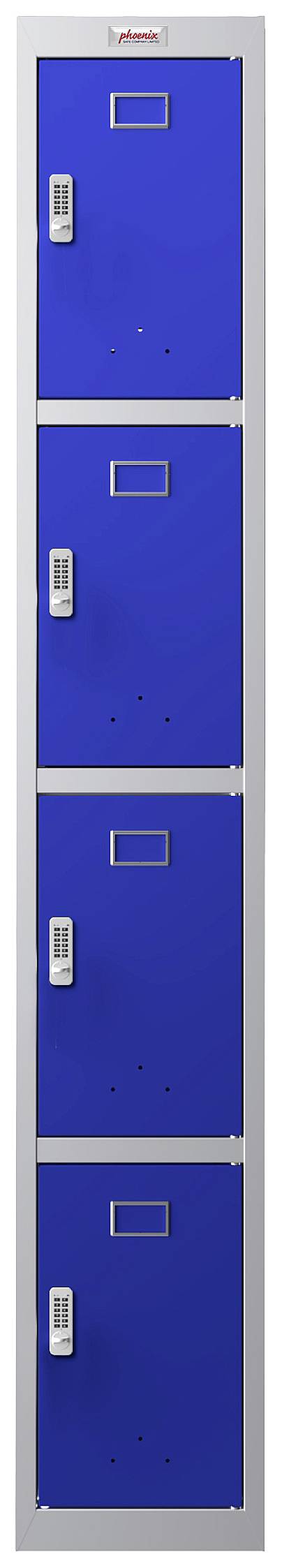 Ein weißer Spind mit vier blauen abschließbaren Fächern. Jedes Fach hat ein Zahlenschloss und ein Etikettenhalter.