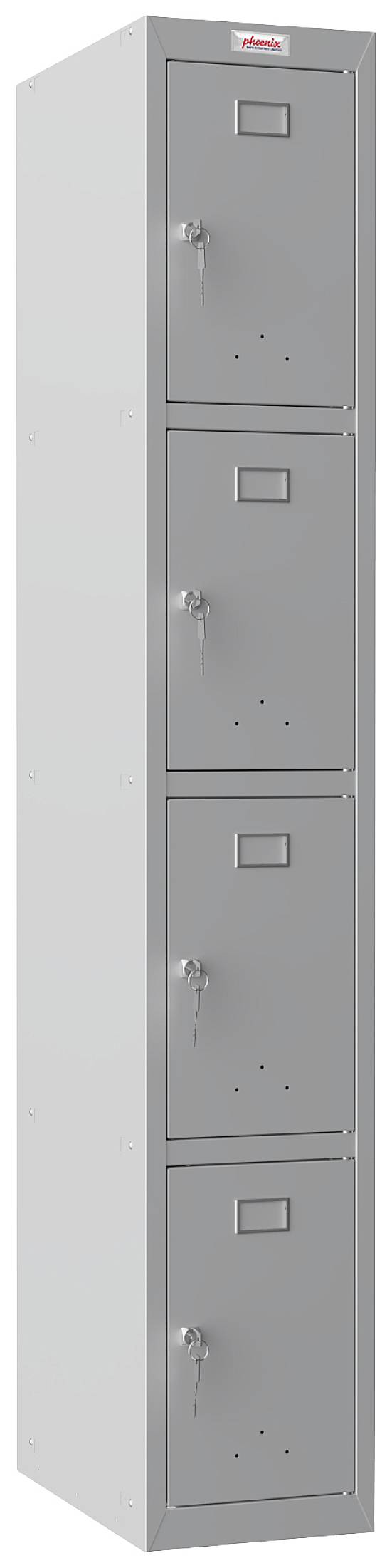 Grauer, hoher Aktenschrank mit vier verschließbaren Türen übereinander, jede mit einem kleinen Namensschildhalter und einem Schlüssel.
