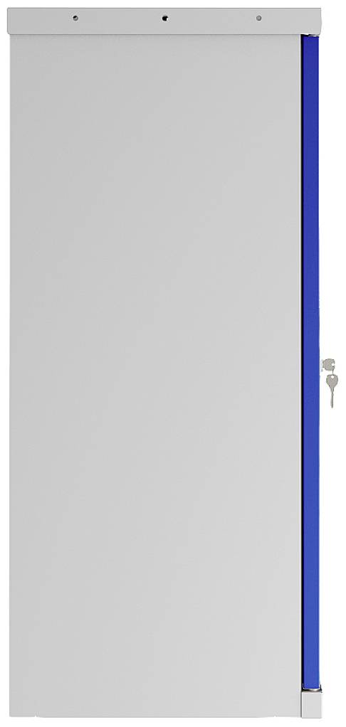 Grauer Aktenschrank mit blauer Kante, Tür mit Schloss und Schlüssel sichtbar.