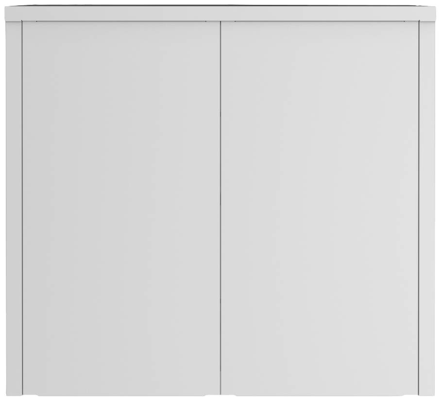 Ein weißer Küchenschrank mit zwei großen Schiebetüren in einer glatten, modernen Ausführung.