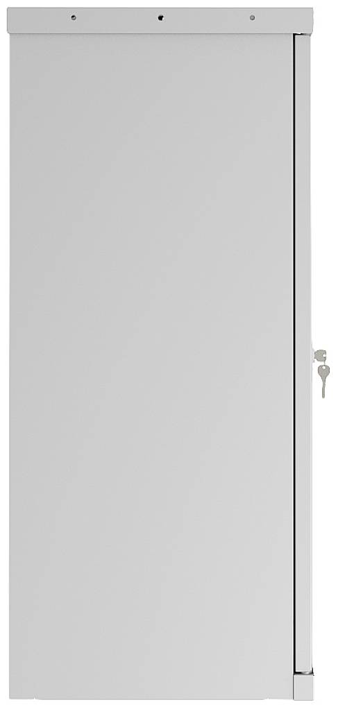 Grauer Stahlschrank mit schlanker, vertikaler Struktur und abschließbarem Schlüsselschloss an der rechten Seite.