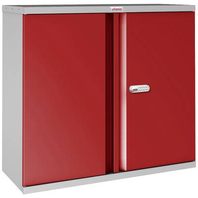 Ein roter Metallschrank mit silbernem Griff, geeignet für die sichere Aufbewahrung von Gegenständen, vor weißem Hintergrund.