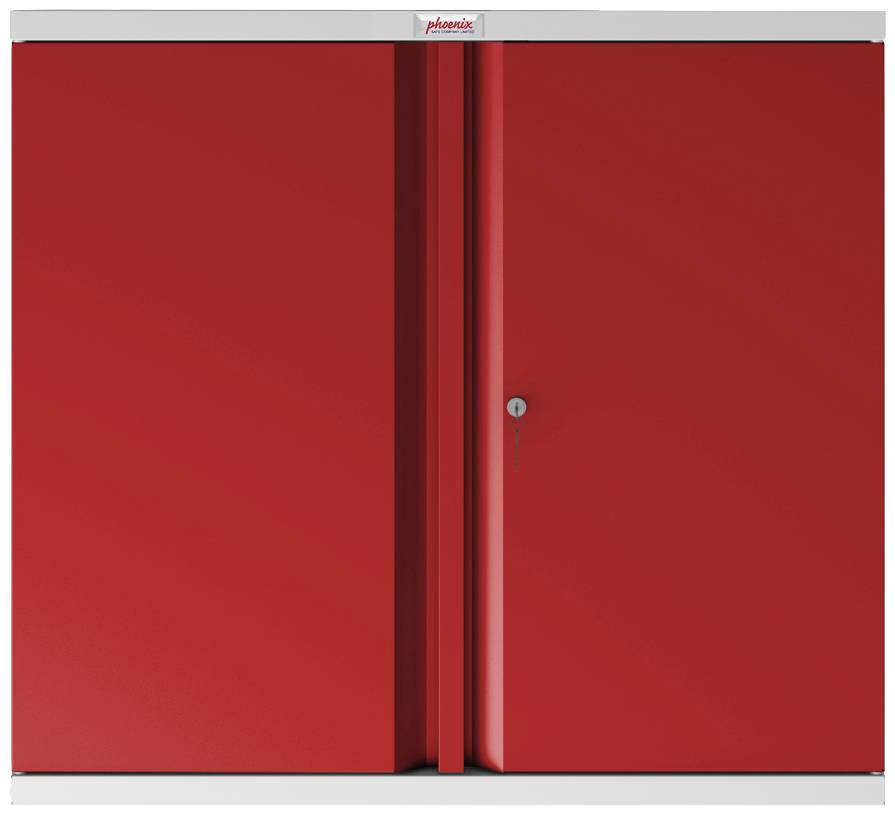Ein roter Metallschrank mit zwei Türen und einem Schloss in der Mitte, geeignet zur sicheren Aufbewahrung von Gegenständen.