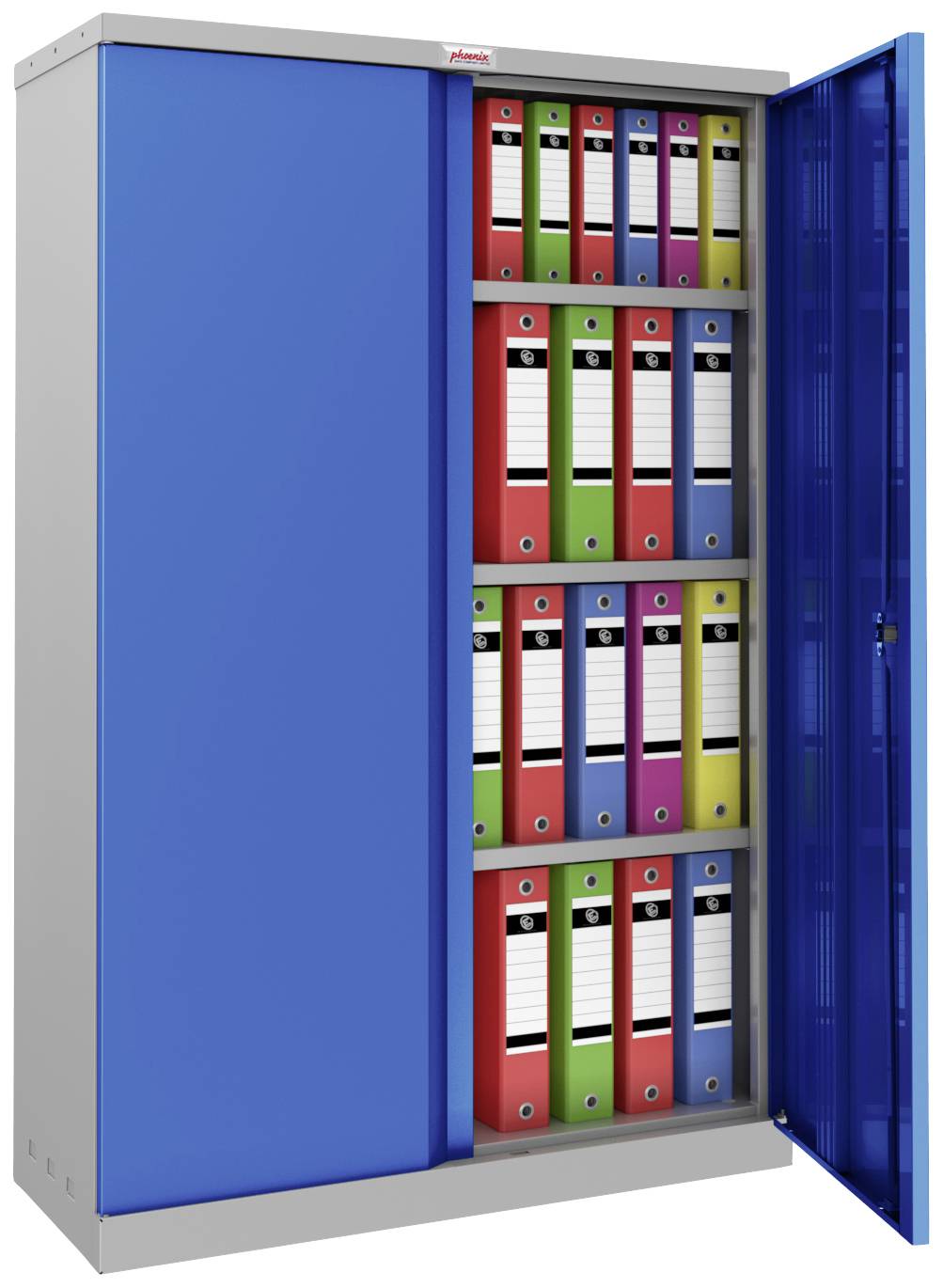 Blauer Aktenschrank mit geöffneter Tür, gefüllt mit verschiedenfarbigen Ordnern, die ordentlich in Regalen angeordnet sind.