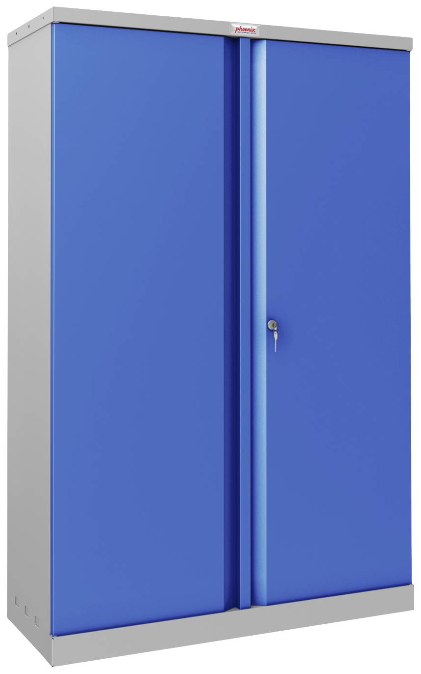 Metallschrank mit zwei blauen Türen und einem Schloss in der Mitte, steht auf einem grauen Boden.