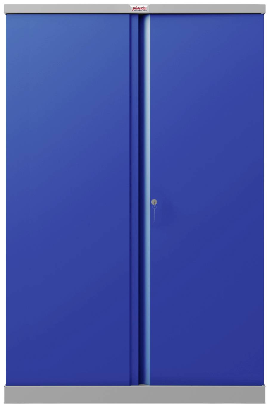 Blauer Metallschrank mit zwei Türen und einem Schlüsselloch in der Mitte, neutraler Hintergrund.