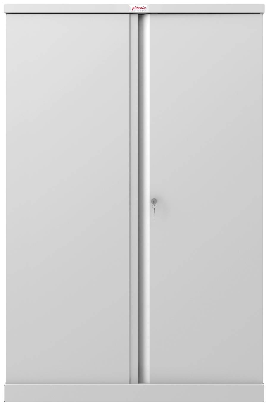 Ein grauer Aktenschrank mit zwei Türen, die sich in der Mitte treffen. Eine Tür hat ein Schloss mit einem Schlüssel.