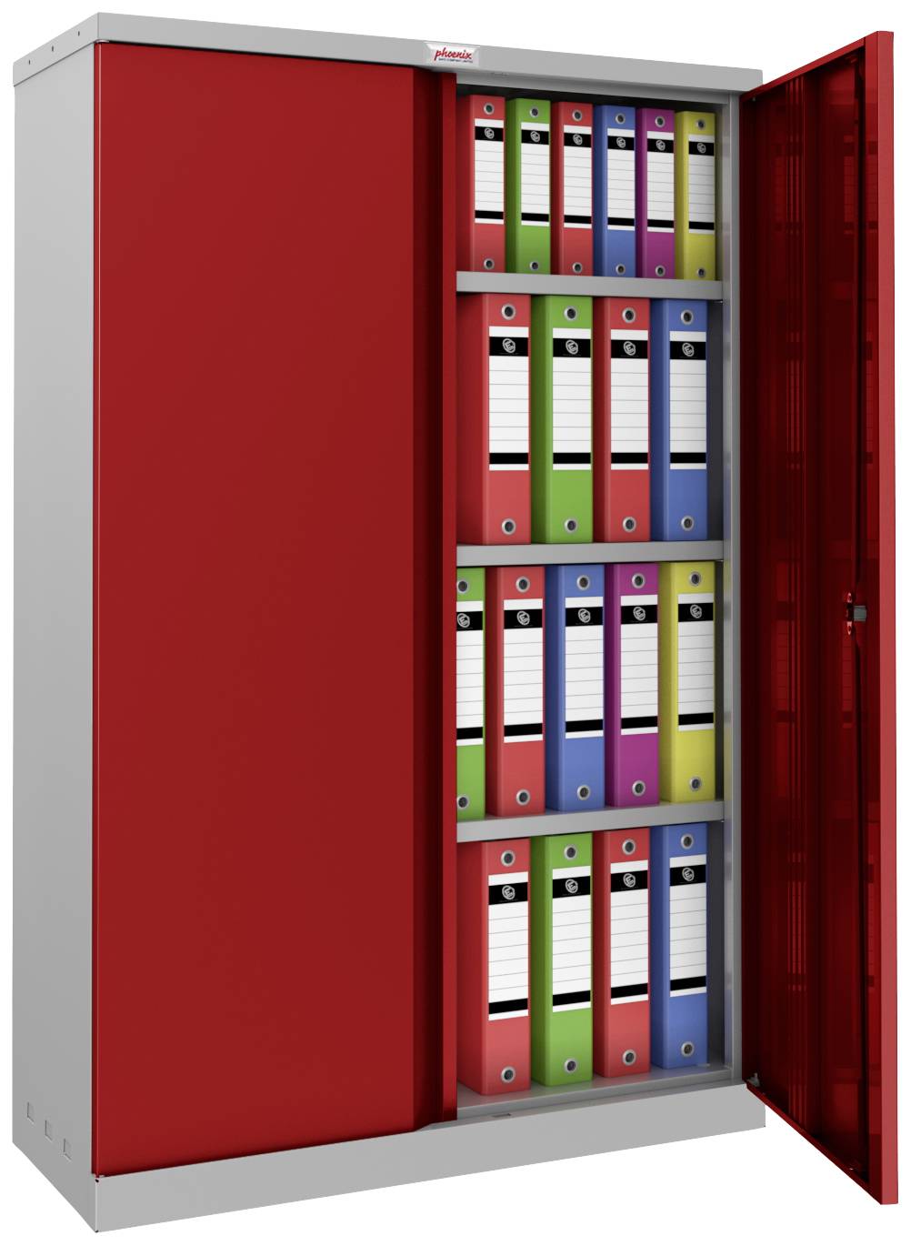 Ein roter Aktenschrank mit geöffneter Tür zeigt Ordner in verschiedenen Farben. Der Schrank ist aus Metall.