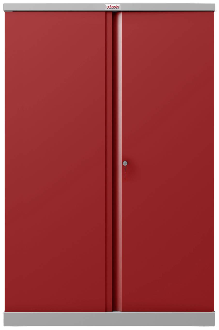 Roter Metallschrank mit zwei Türen und einem Schloss in der Mitte.