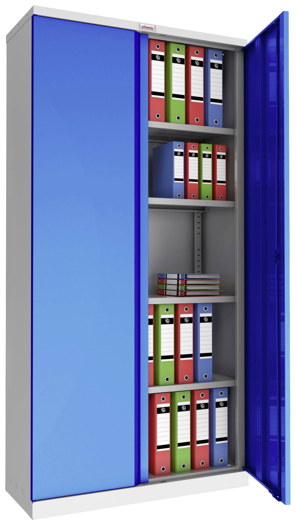 Blauer Aktenschrank mit offener Tür, zeigt mehrere Regalböden mit bunten Ordnern und einigen gestapelten Büchern.