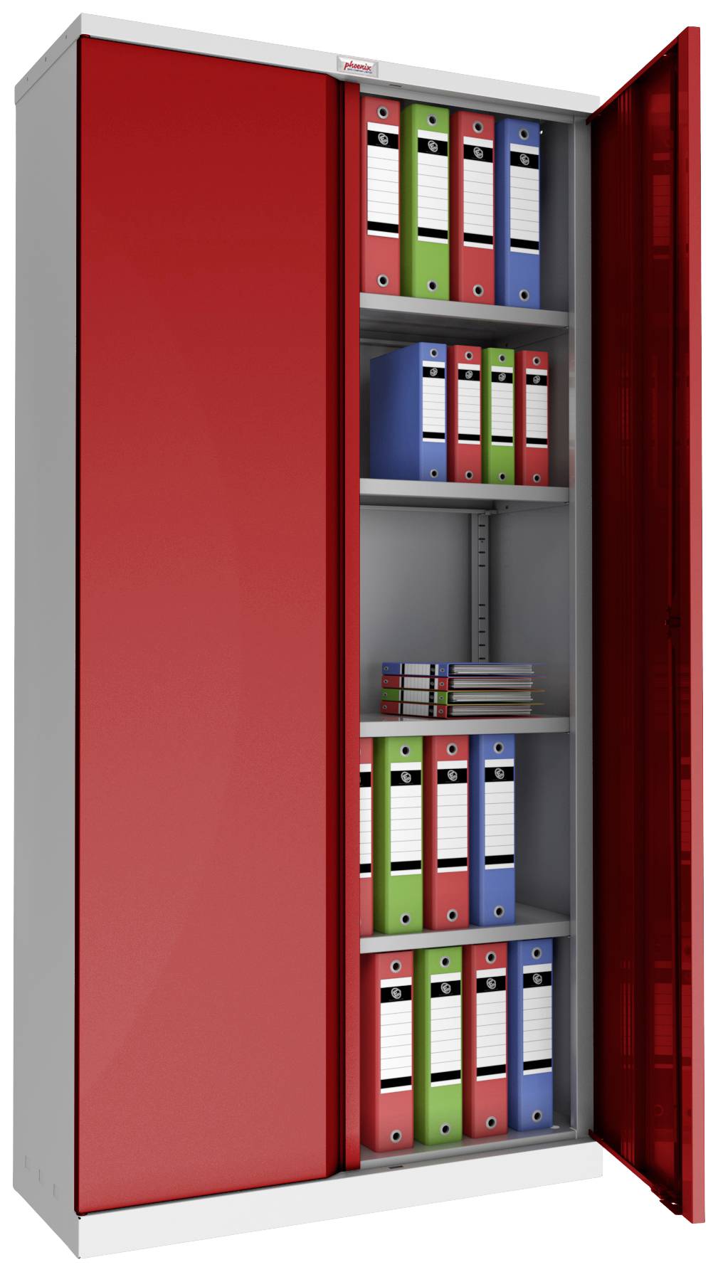 Ein roter Aktenschrank mit geöffneter Tür zeigt mehrere Ordner und Bücher, die ordentlich in den Regalen gestapelt sind.
