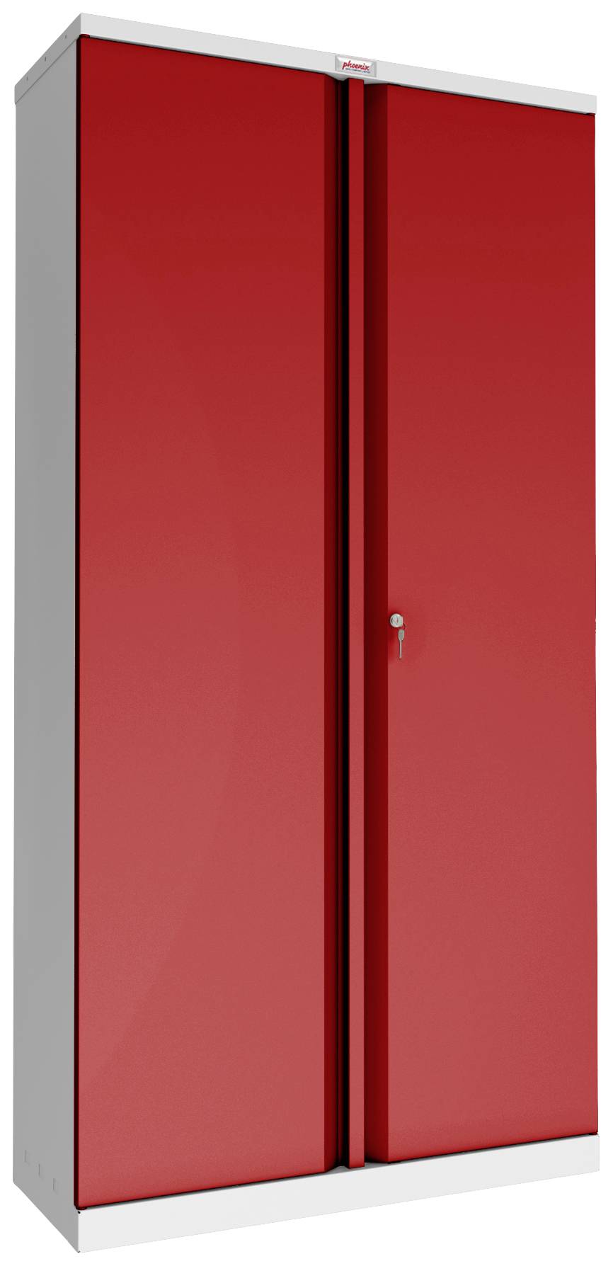 Ein roter, hoher Schrank mit zwei Türen und einem Schloss, geeignet zur Aufbewahrung von Gegenständen in Büros oder Werkstätten.