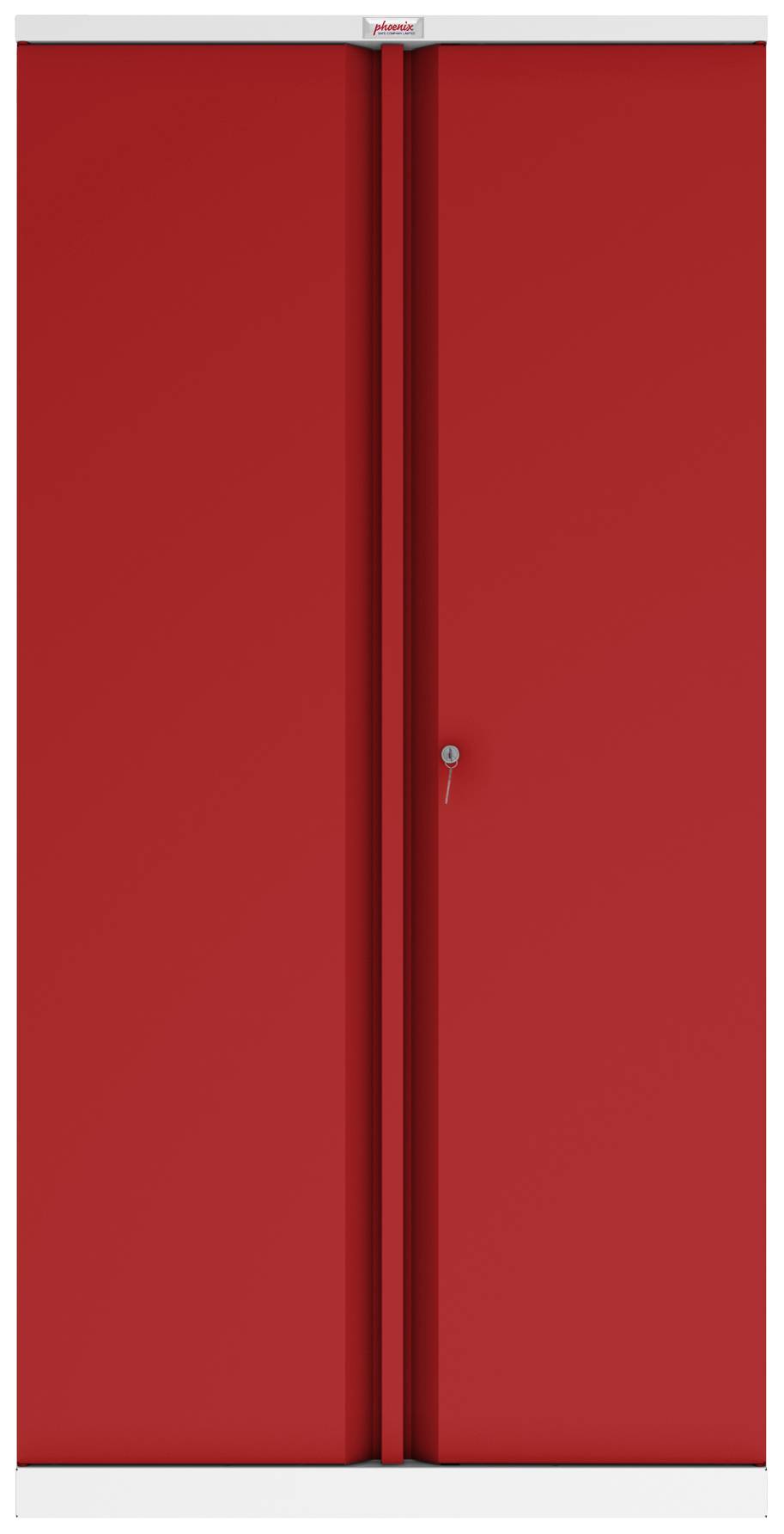 Roter Stahlschrank mit zwei Türen und einem zentralen Schlüsselloch, für sichere Lagerung genutzt.