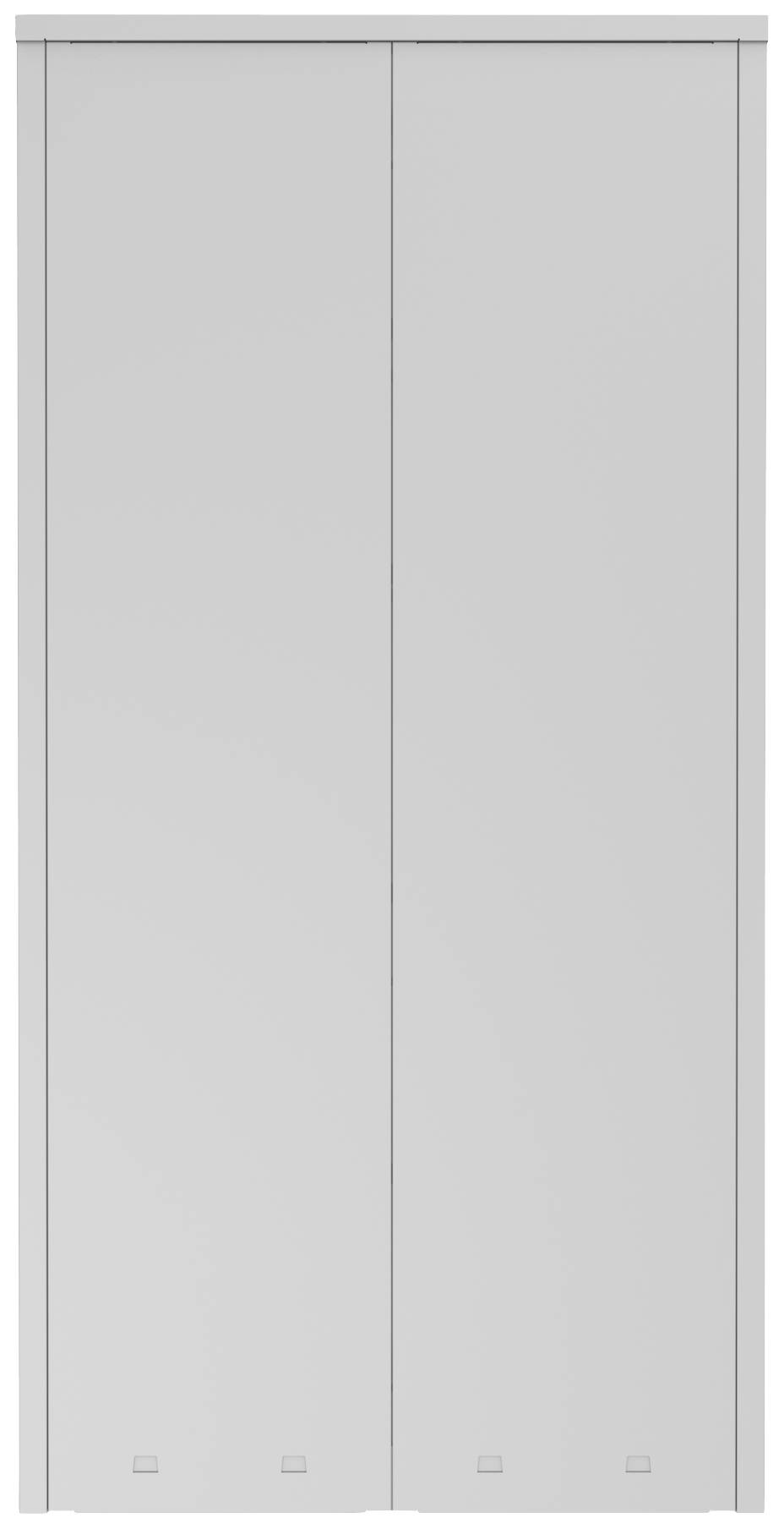 Zweiflügeliger, weißer Schiebetürenschrank mit einem schlichten, modernen Design. Geeignet für Schlafzimmer oder Wohnräume.