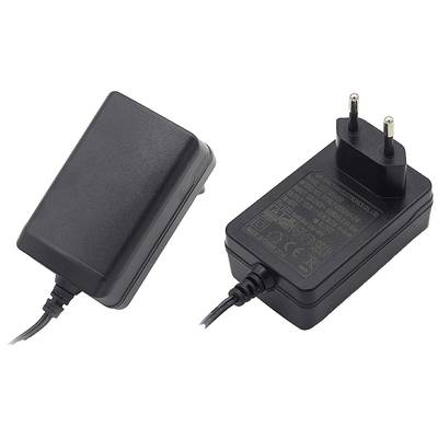 Ein schwarzes Steckernetzteil mit EU-Steckeranschluss und Kabel, gezeigt in zwei Ansichten, Vorder- und Rückseite mit technischen Details.