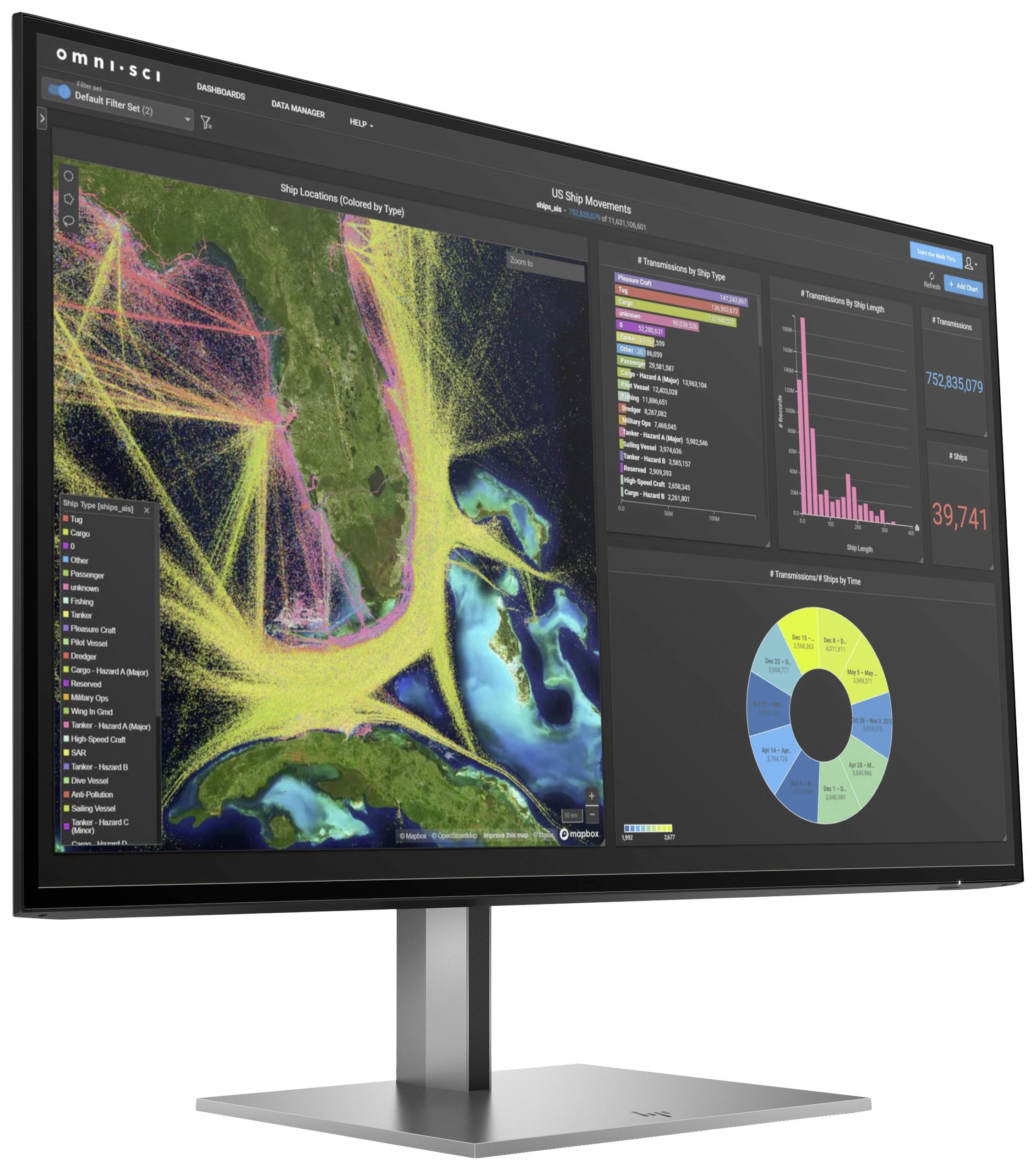 Bild eines Computers mit einer Datenvisualisierungssoftware, die maritime Verkehrswege vor Floridas Küste zeigt. Grafiken mit Statistiken und Diagrammen sind zu sehen.