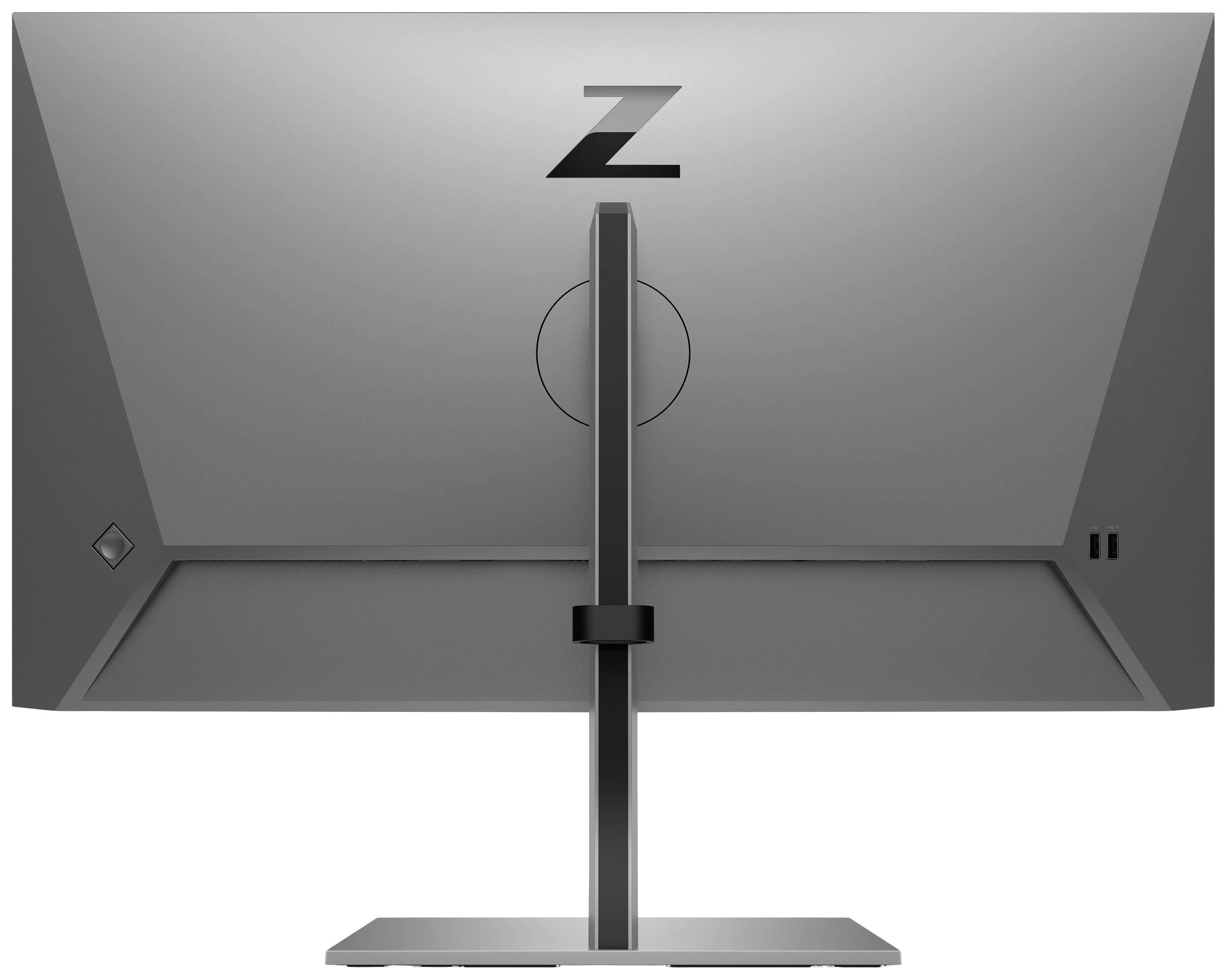 Ein moderner Computerbildschirm in Grau, von hinten gesehen. Ein prägnantes 'Z' ist oben mittig auf dem Bildschirm platziert.