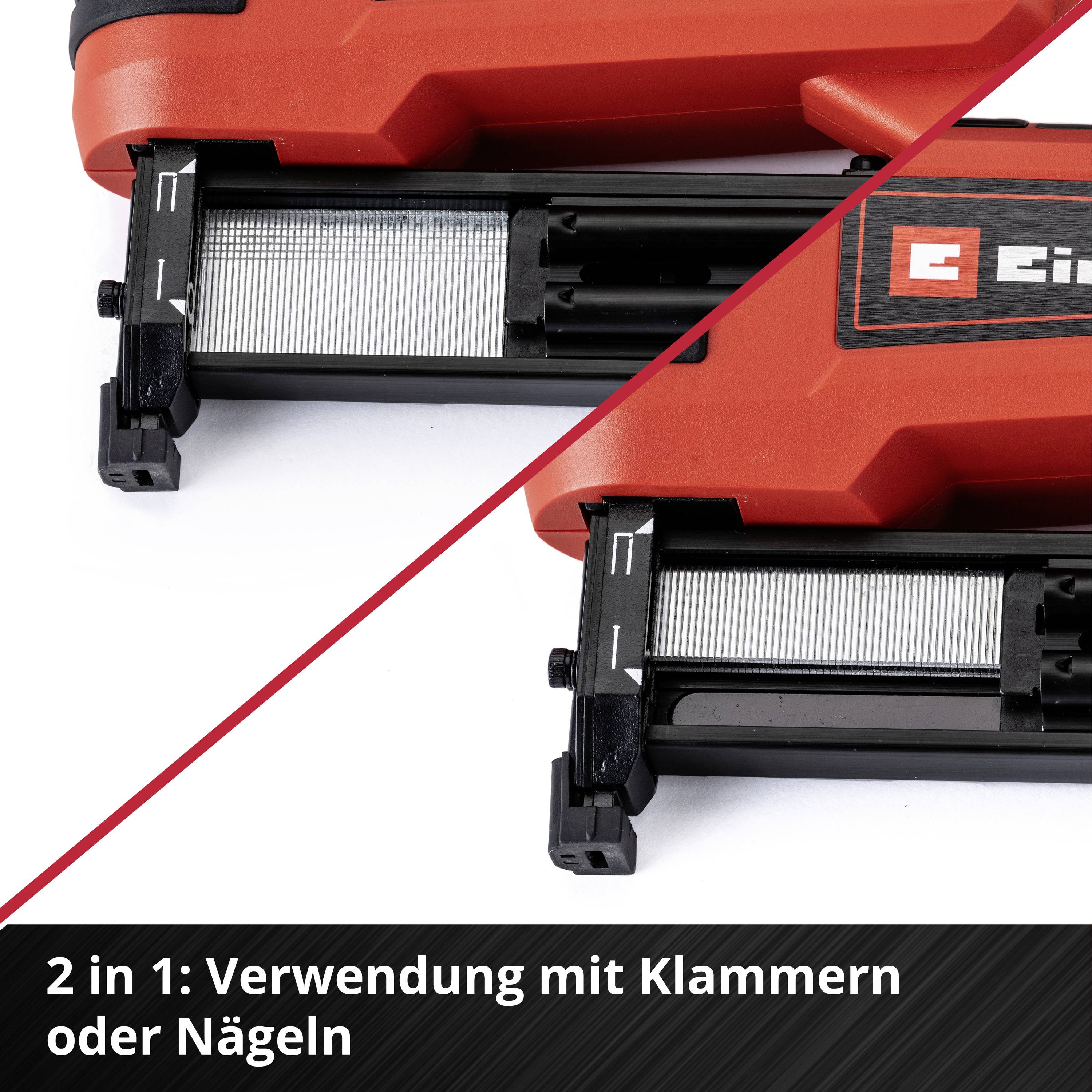'2 in 1: Verwendung mit Klammern oder Nägeln.' zeigt einen roten elektrischen Handtacker mit Klammern und Nägeln.