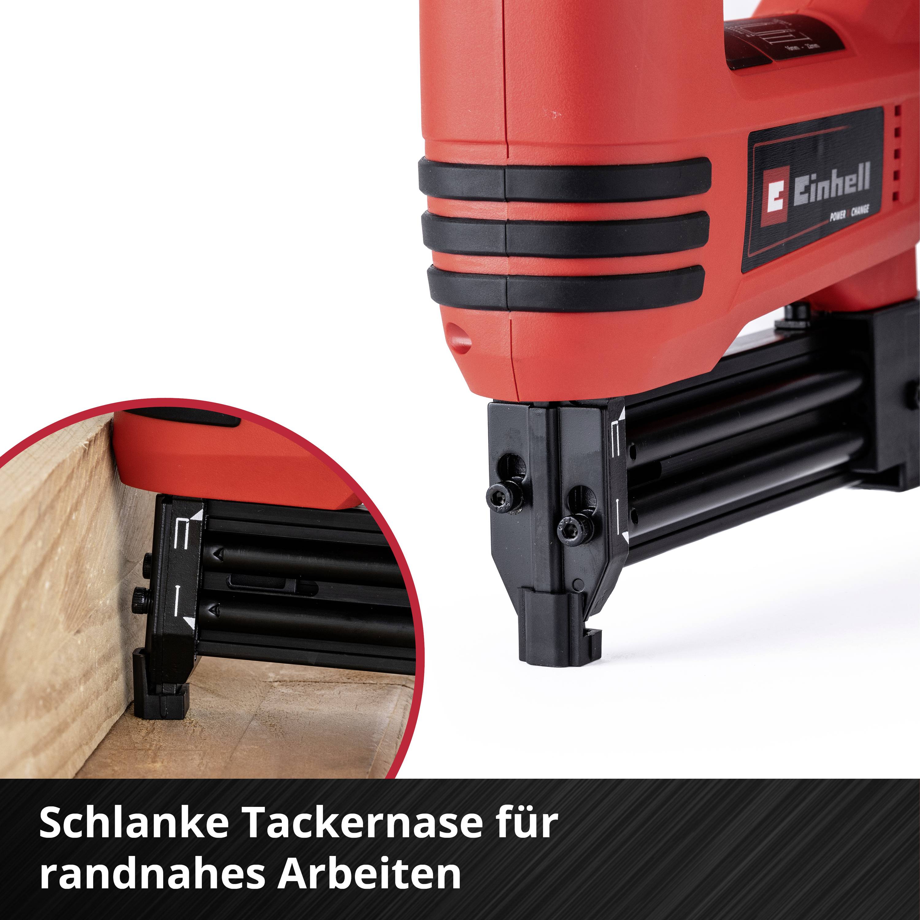 Roter Tacker mit Holz im Hintergrund. Text: 'Schlanke Tackernase für randnahes Arbeiten'.