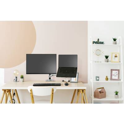 Ein moderner Schreibtisch mit einem Monitor, einem Laptop, einer Tastatur und einer Maus. Dekoration und Pflanzen auf einem weißen Regal.