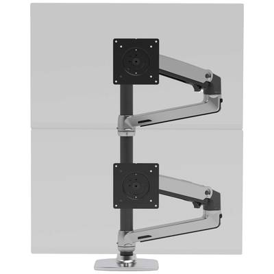Ein doppelter Monitorarm mit schlankem Design zur Befestigung von zwei Bildschirmen übereinander, ideal für platzsparende Arbeitsplätze.