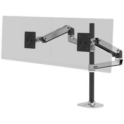 Doppelter Monitorarm aus Metall mit zwei beweglichen Halterungen an einem Standfuß. Eignet sich zur flexiblen Monitornutzung.
