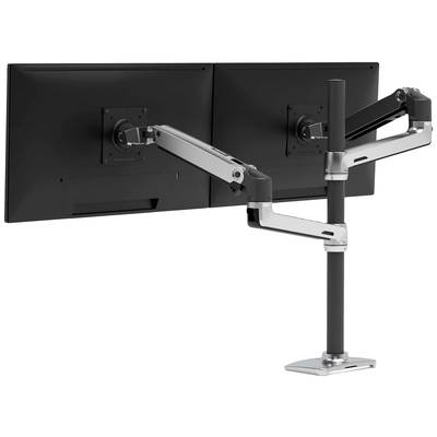 Zwei schwarz-silberne Monitore sind an einem flexiblen, höhenverstellbaren Monitorarm befestigt, der auf einem Schreibtisch montiert ist.
