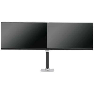 Zwei nebeneinander stehende schwarze Monitore auf einem gemeinsamen Ständer, geeignet für eine erweiterte Bildschirmansicht.