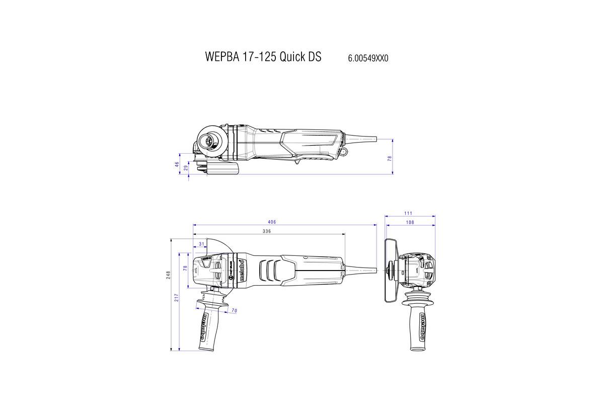 Technische Zeichnung eines Winkelschleifers, Modell 'WEPBA 17-125 Quick DS'. Zeigt Seiten- und Vorderansicht mit Maßen.