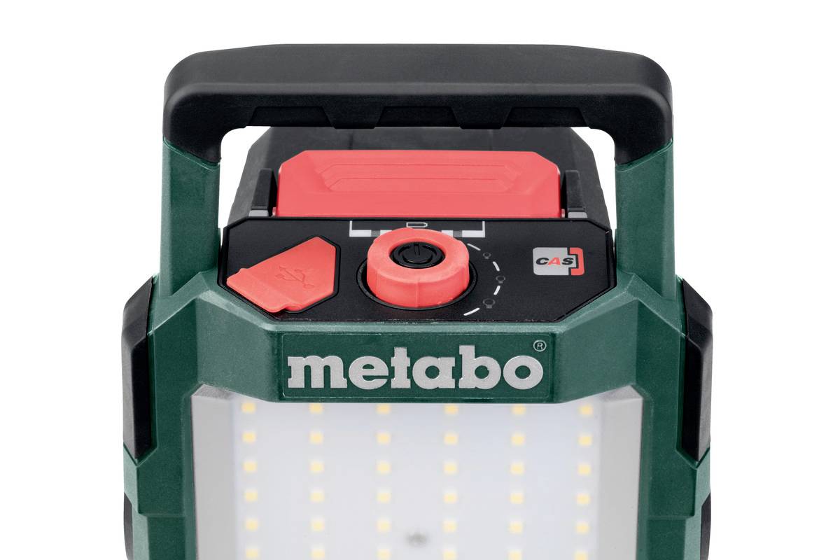 Arbeitsleuchte mit Metabo-Logo und einstellbarem Schalter, geeignet für Baustellenbeleuchtung.