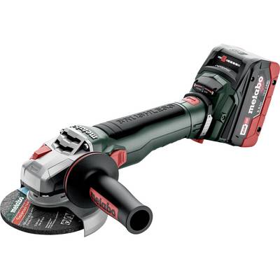 Kabelloses Metabo-Winkelschleifer mit Batteriepack und angebrachter Schneidescheibe, gezeigt auf weißem Hintergrund.