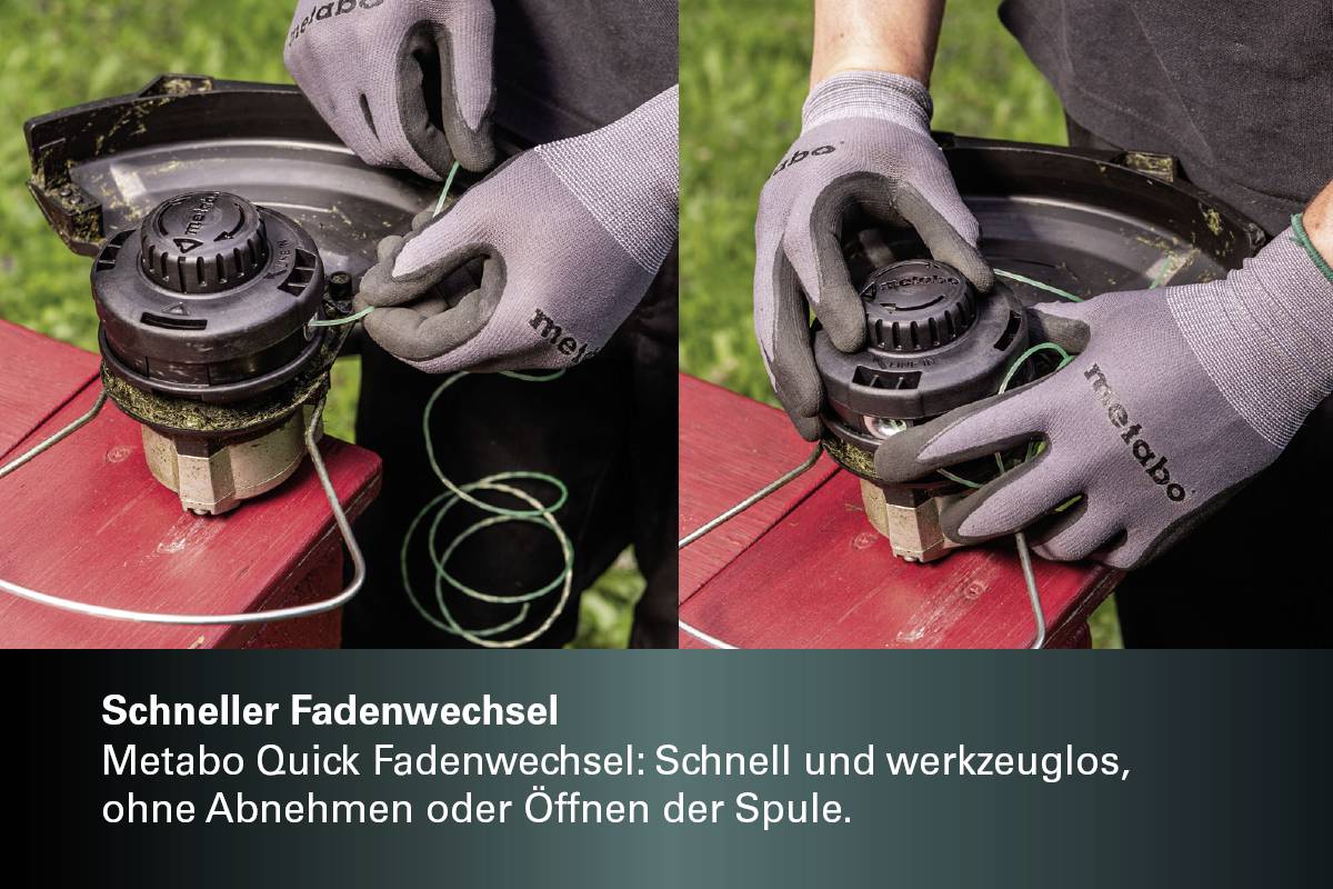 Zwei Bilder eines Trimmerspulenwechsels werden gezeigt. Text beschreibt einen schnellen Fadenwechsel ohne Werkzeug, Abnehmen oder Öffnen der Spule.