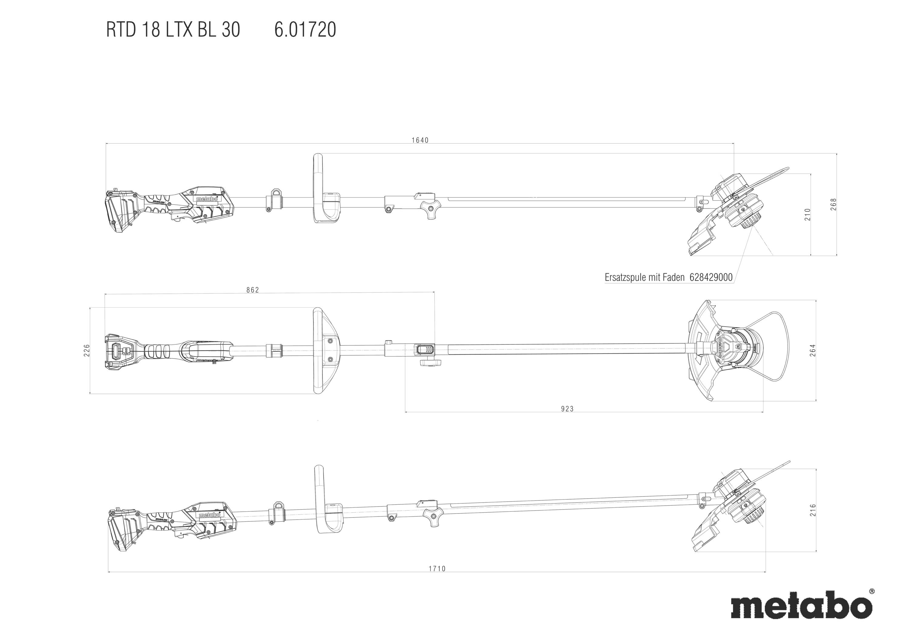 'Konstruktionszeichnung eines Metabo RTD 18 LTX BL 30, zeigt Vorder-, Seiten- und Oberansicht des Geräts mit Abmessungen.'