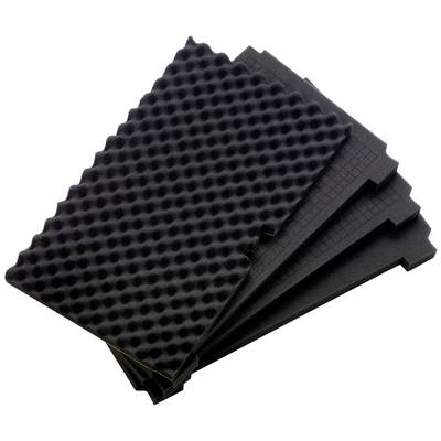 Stapel schwarzer akustischer Schaumstoffplatten mit Keil- und Wabentexturen, die zur Schalldämmung oder Lärmabsorption verwendet werden.