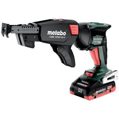 Akkuschrauber der Marke Metabo mit einem Aufsatz für Schnellbauschrauben, seitlich gezeigt. Ideal für Trockenbauarbeiten.