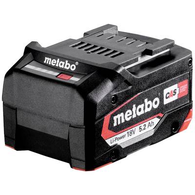 Schwarzer Metabo-Akku, Modell Li-Power 18V 5,2 Ah CAS, mit rotem und grauem Aufdruck. Batteriedesign mit Ladeskala oben.