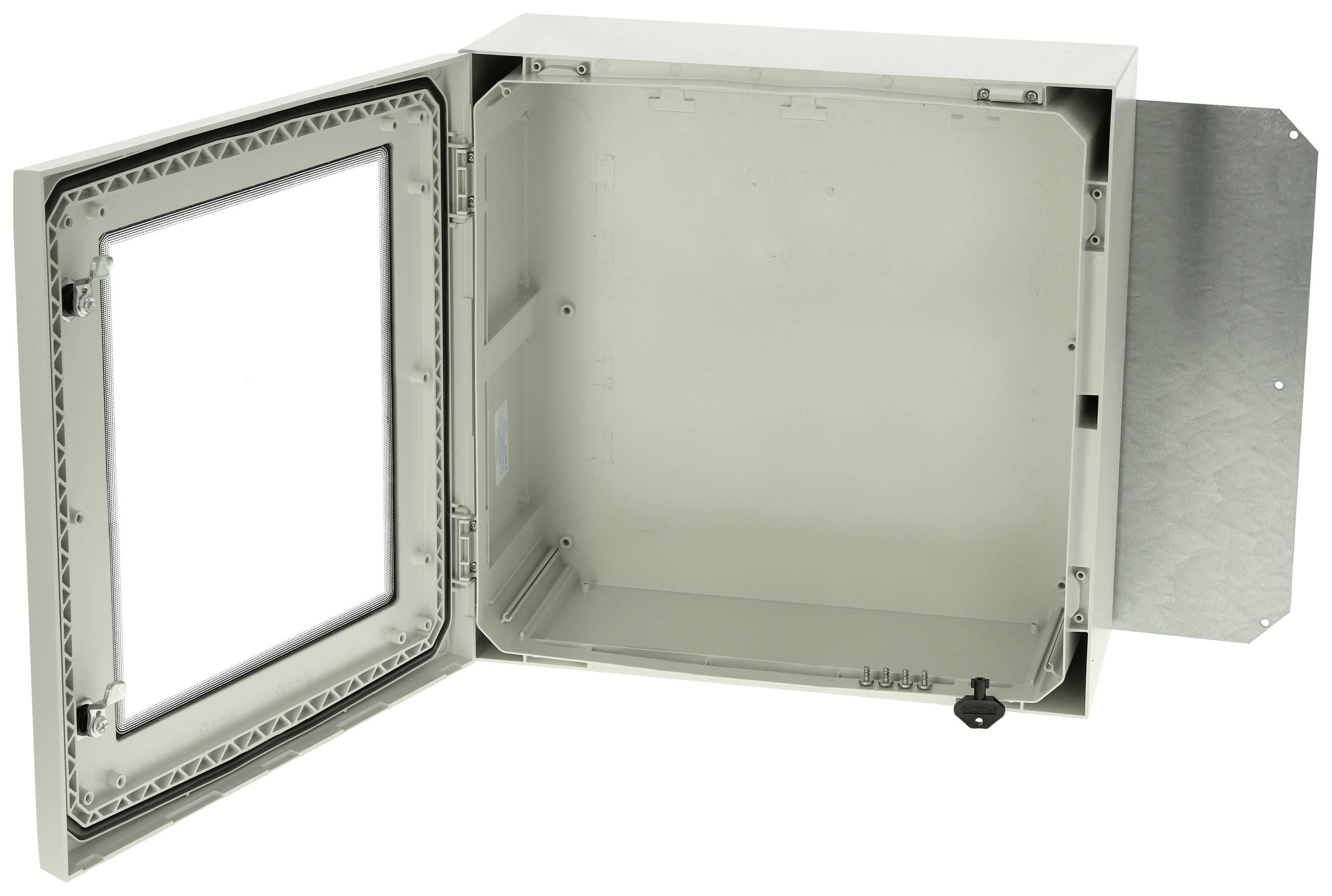 Geöffnetes leeres Gehäuse mit metallischer Rückwand und sichtbarem Scharnier auf der linken Seite.