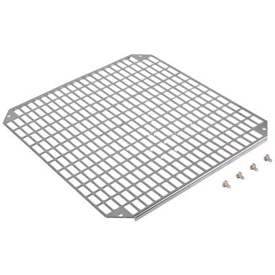 Metallgitterabdeckung mit quadratischen Öffnungen und abgeschrägten Ecken, daneben vier Schrauben zur Befestigung.