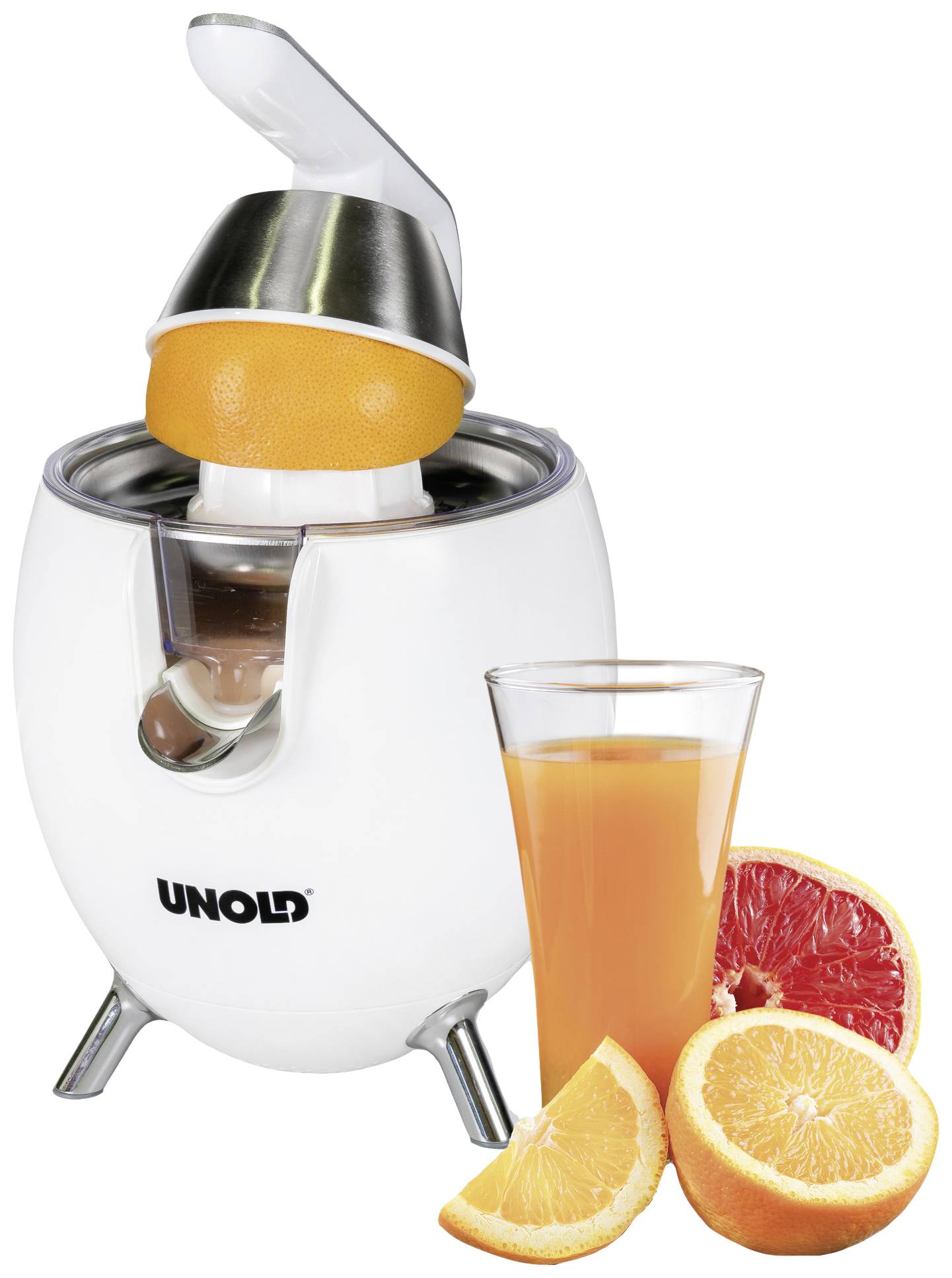 Zitruspresse mit halber Orange in der Presse, daneben ein Glas orangener Saft, halbierte Orange und Grapefruit.